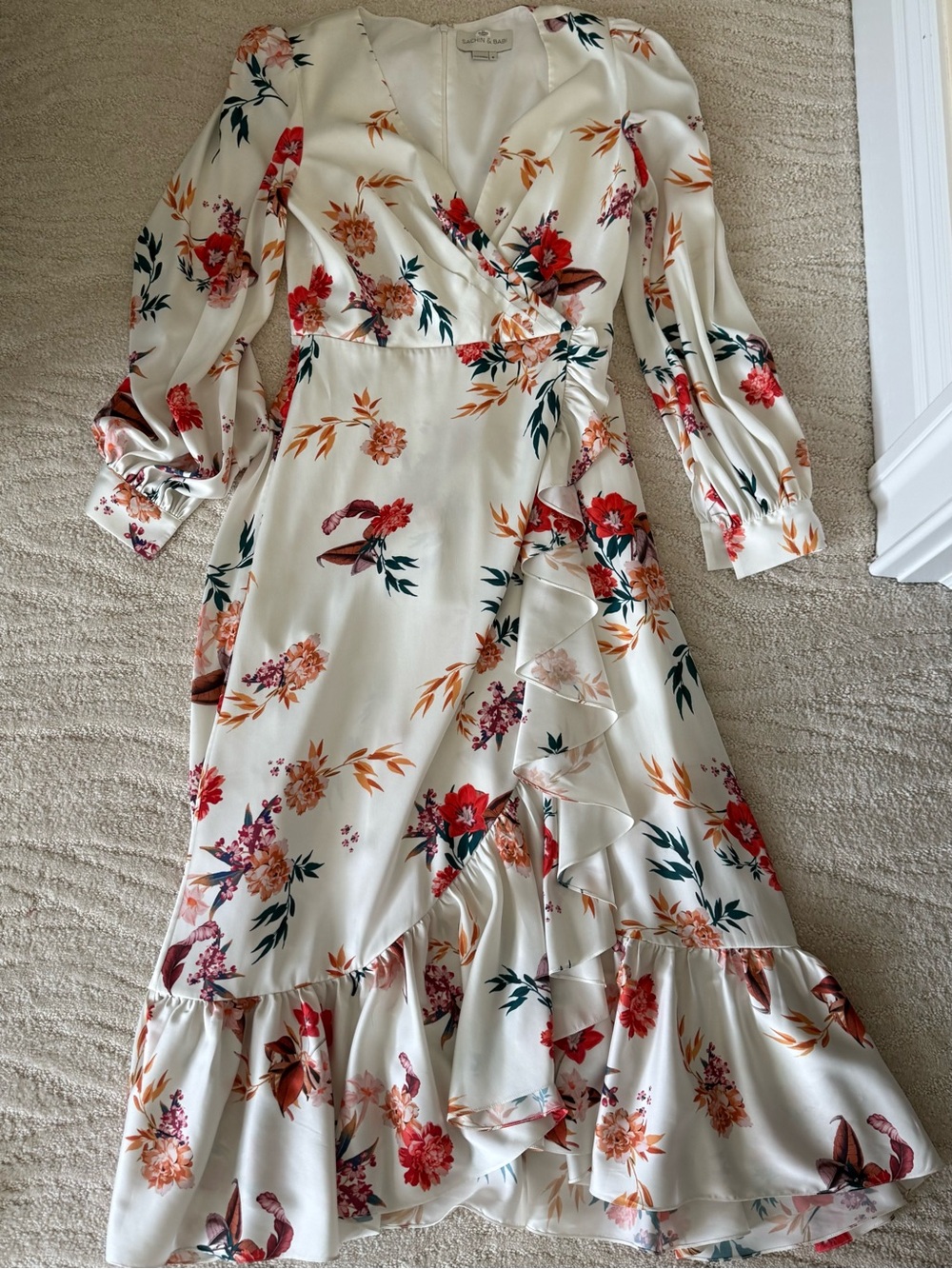 Sachin + Babi Cream Midi Dress with Red & Green Floral Print